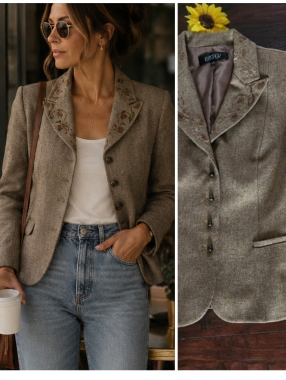 Vintage Kasper Women's Taupe Embroidered Collar Tweed Blazer
